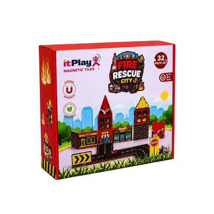 ItPlay Magnetic Tiles Fire Rescue City Set | 32-Piece STEM Building Toy with Road Track & Car