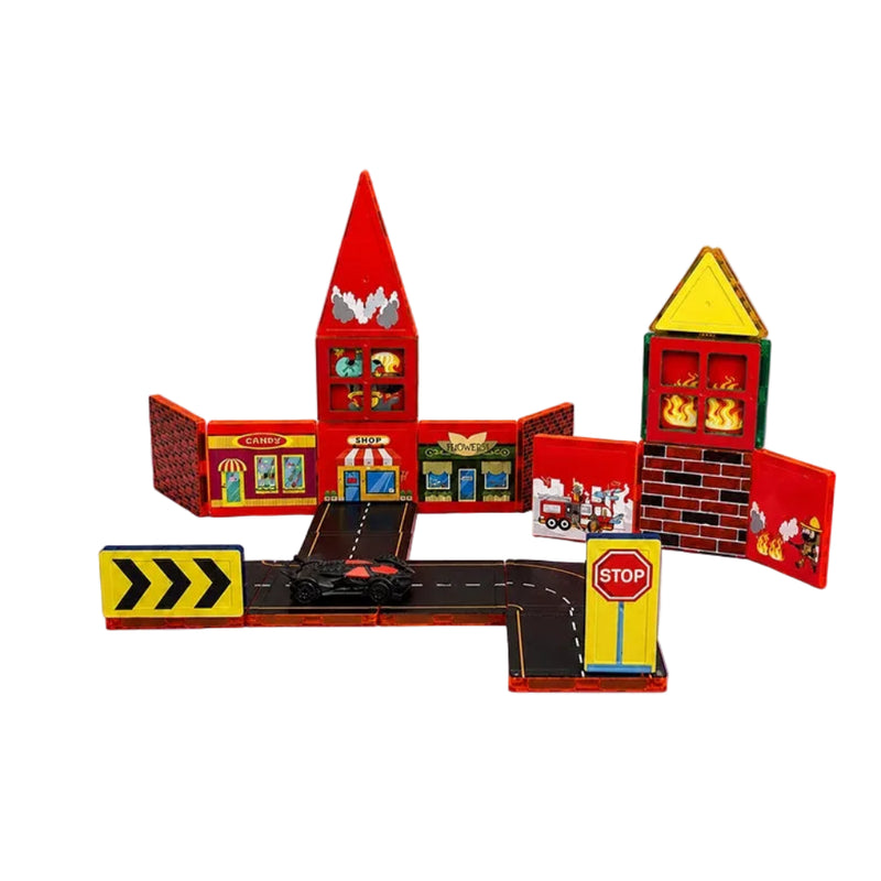 ItPlay Magnetic Tiles Fire Rescue City Set | 32-Piece STEM Building Toy with Road Track & Car