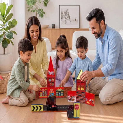ItPlay Magnetic Tiles Fire Rescue City Set | 32-Piece STEM Building Toy with Road Track & Car