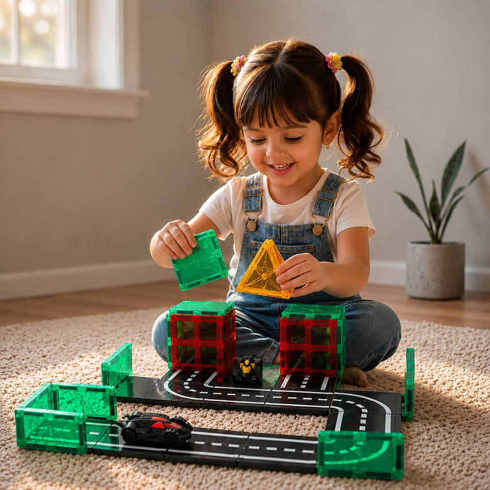 ITPLAY Road Racer Theme Magnetic Tiles 39 Pcs Educational Construction Building Set for Kids