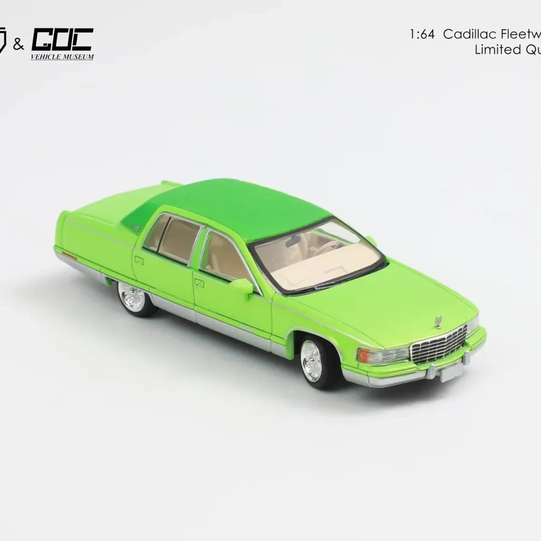 MK Miniatures 1:64 Cadillac Fleetwood Lowrider – Metallic Green Die-Cast Model Car with Display Case