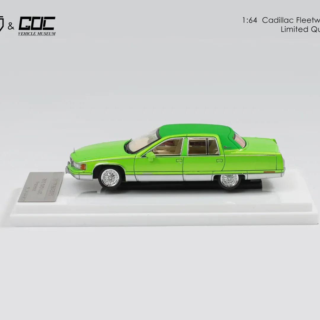 MK Miniatures 1:64 Cadillac Fleetwood Lowrider – Metallic Green Die-Cast Model Car with Display Case