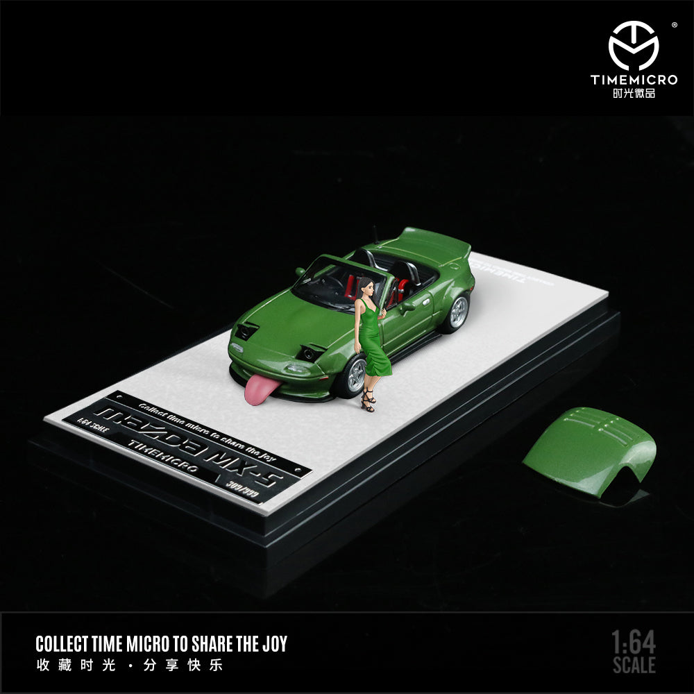 Time Micro Mazda MX-5 Green Figure Edition 1:64 Scale Diecast Model Car | Premium Metal Collector Roadster | Display Base, Acrylic Case & Figure Included | Limited Edition | 14+