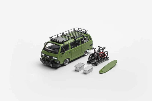 Mortal 1:64 Volkswagen T3 Lowrider Military Green Die-Cast VW Van Model with Bicycles, Roof Rack & Surfboard