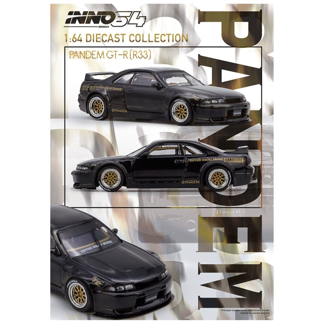 INNO64 Nissan GT-R (BCNR33) Pandem Rocket Bunny 1:64 Scale Die-Cast Model Car | Premium Collector Display Replica with Widebody Aero Kit, Gold Wheels, Detailed Interior, Acrylic Display Case | Black
