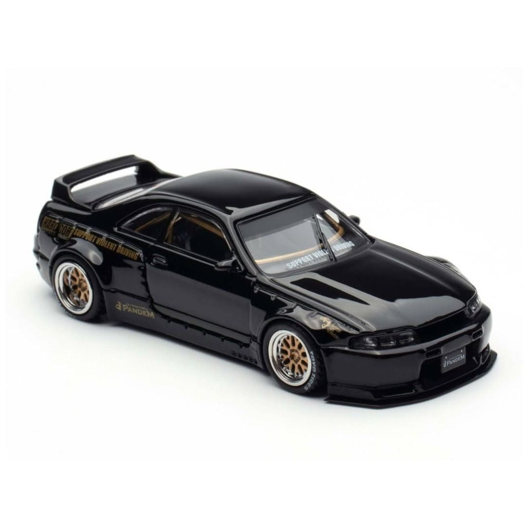 INNO64 Nissan GT-R (BCNR33) Pandem Rocket Bunny 1:64 Scale Die-Cast Model Car | Premium Collector Display Replica with Widebody Aero Kit, Gold Wheels, Detailed Interior, Acrylic Display Case | Black