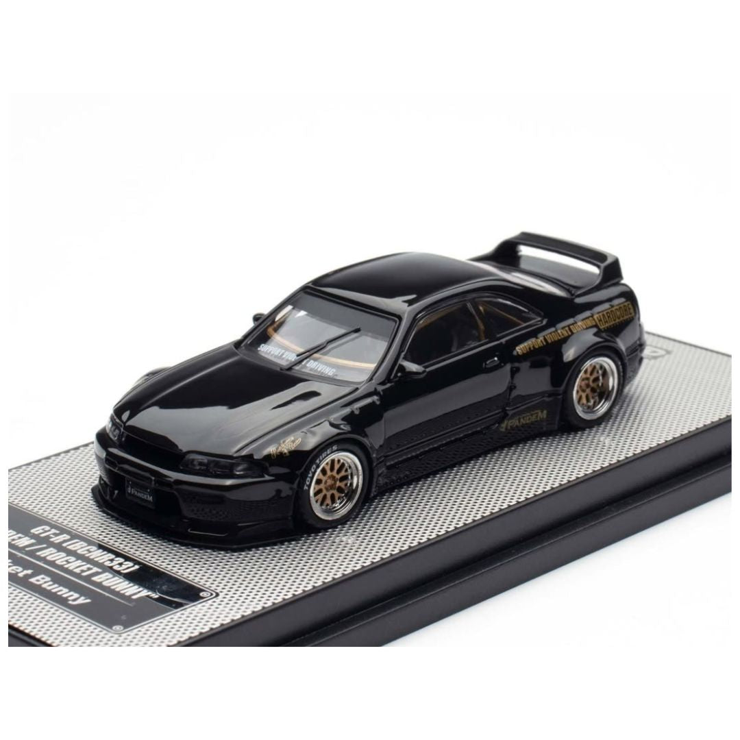INNO64 Nissan GT-R (BCNR33) Pandem Rocket Bunny 1:64 Scale Die-Cast Model Car | Premium Collector Display Replica with Widebody Aero Kit, Gold Wheels, Detailed Interior, Acrylic Display Case | Black