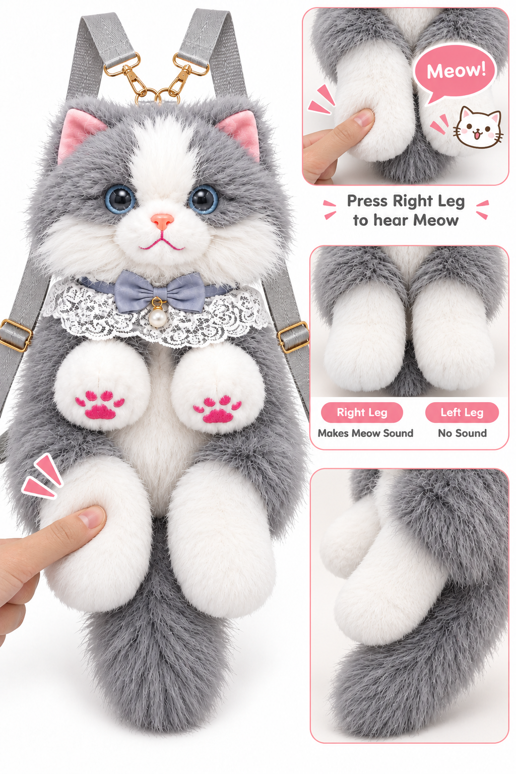 Fluffy Grey & White Cat Backpack & Crossbody Bag | Cute Plush Kitty Daypack with Pink Paw Pads, Lace Collar, Pearl Bowtie & Adjustable Straps for Girls & Women