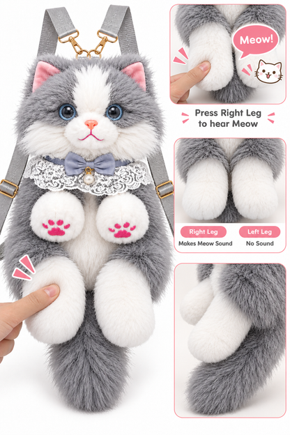 Fluffy Grey & White Cat Backpack & Crossbody Bag | Cute Plush Kitty Daypack with Pink Paw Pads, Lace Collar, Pearl Bowtie & Adjustable Straps for Girls & Women