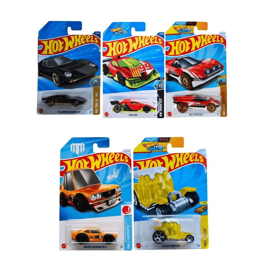 Hot Wheels 1:64 Scale 5-Car Die-Cast Set | ’71 Lamborghini Miura SV, Dessert Drifter HTD87, Mazda RX-3, Rally Speciale & HW Modified Punk Rod