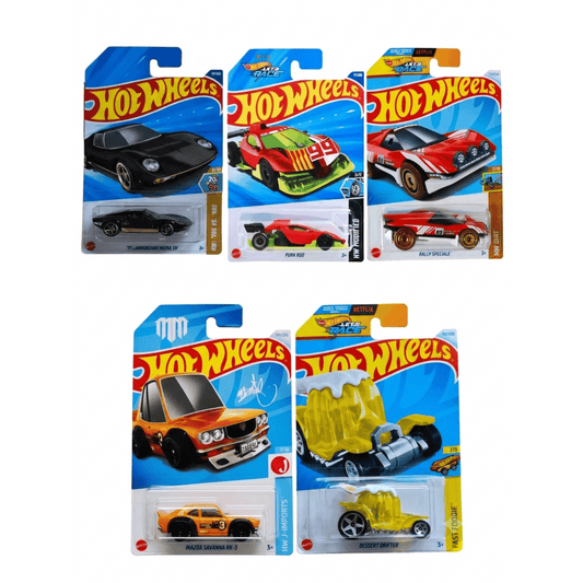 Hot Wheels 1:64 Scale 5-Car Die-Cast Set | ’71 Lamborghini Miura SV, Dessert Drifter HTD87, Mazda RX-3, Rally Speciale & HW Modified Punk Rod
