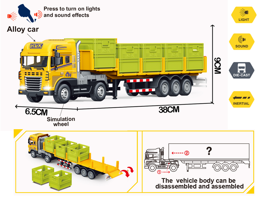 Joy Junction 1:24 Container Trailer Truck Toy with Light & Sound – Yellow/ Green