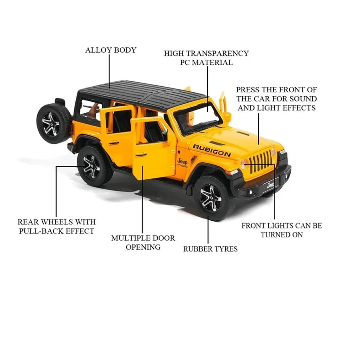 JOY JUNCTION Jeep Rubicon 1:32 Scale Alloy Die-Cast Car Model – Collector’s Edition (Yellow/Red)Pullback Action, Openable Doors, Light & Music