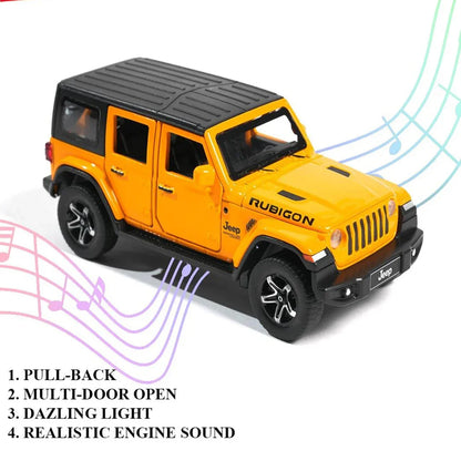 JOY JUNCTION Jeep Rubicon 1:32 Scale Alloy Die-Cast Car Model – Collector’s Edition (Yellow/Red)Pullback Action, Openable Doors, Light & Music