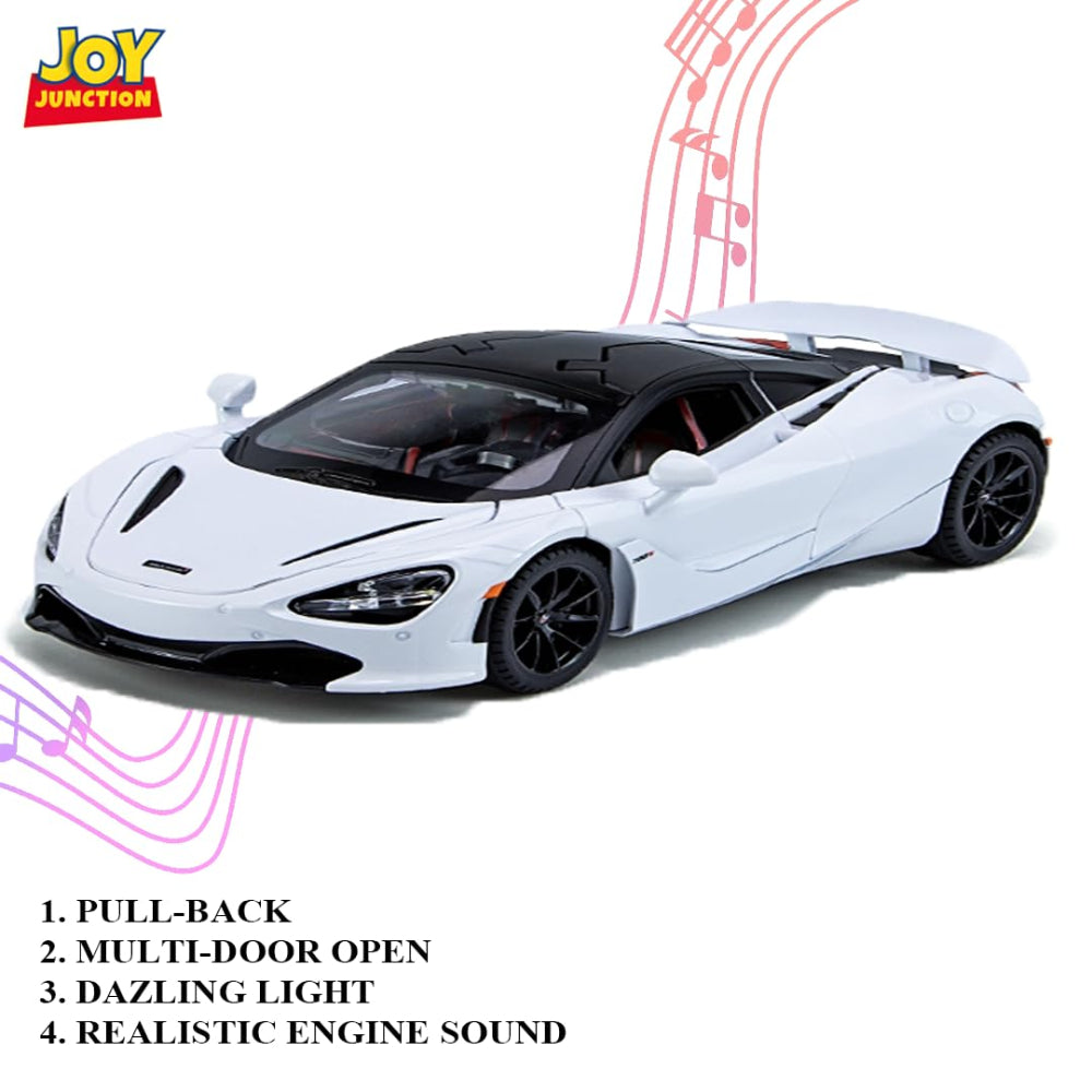 Joy Junction McLaren 720S Convertible 1:24 Diecast Car White – Metal Pullback Toy Car with Lights, Sound & Opening Doors