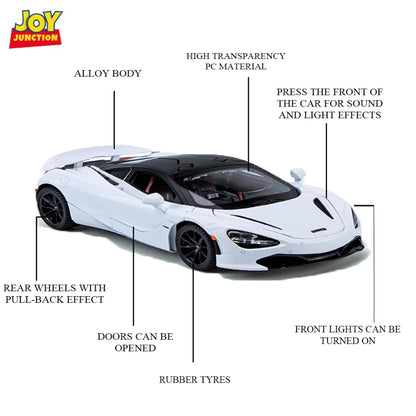 Joy Junction McLaren 720S Convertible 1:24 Diecast Car White – Metal Pullback Toy Car with Lights, Sound & Opening Doors