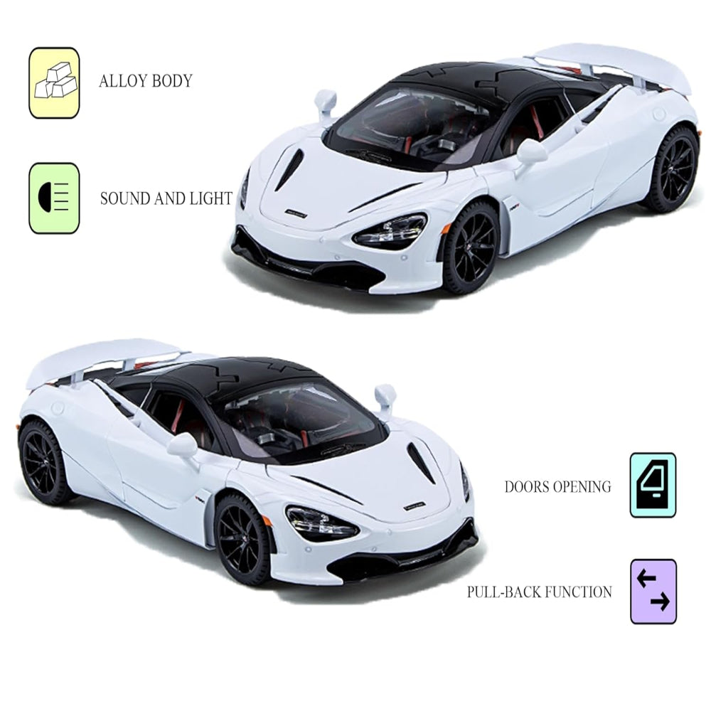 Joy Junction McLaren 720S Convertible 1:24 Diecast Car White – Metal Pullback Toy Car with Lights, Sound & Opening Doors