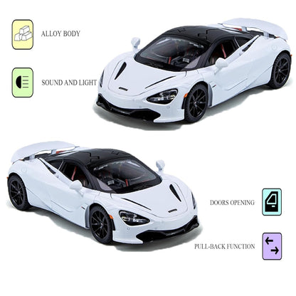 Joy Junction McLaren 720S Convertible 1:24 Diecast Car White – Metal Pullback Toy Car with Lights, Sound & Opening Doors