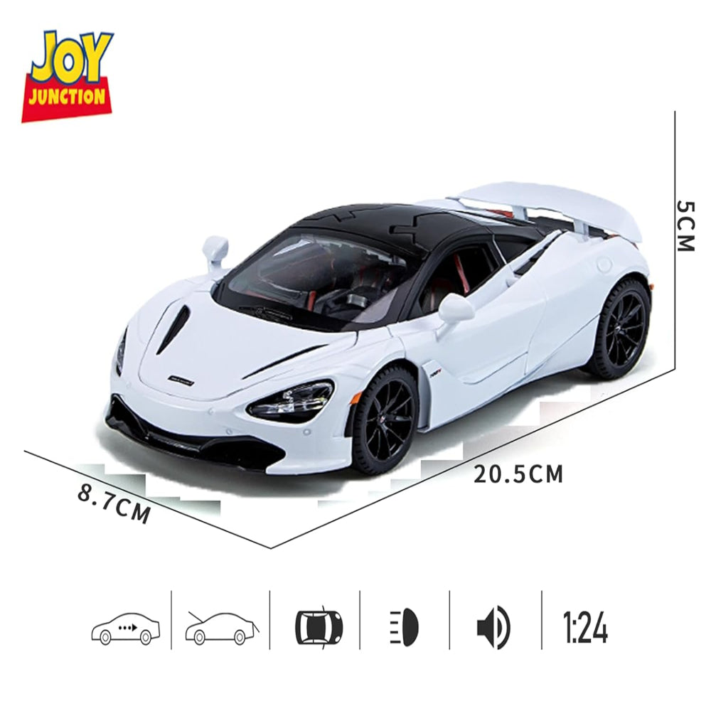 Joy Junction McLaren 720S Convertible 1:24 Diecast Car White – Metal Pullback Toy Car with Lights, Sound & Opening Doors