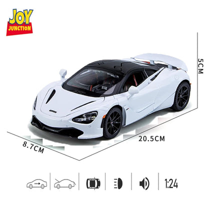 Joy Junction McLaren 720S Convertible 1:24 Diecast Car White – Metal Pullback Toy Car with Lights, Sound & Opening Doors