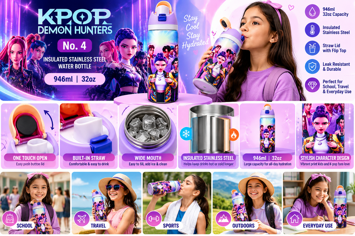 KPop Demon Hunters No.4 946ml (32oz) Insulated Stainless Steel Water Bottle with Straw Lid, Flip-Top Cap, Large Capacity Reusable Bottle for Kids, Girls, School, Travel & Everyday Use - details 1