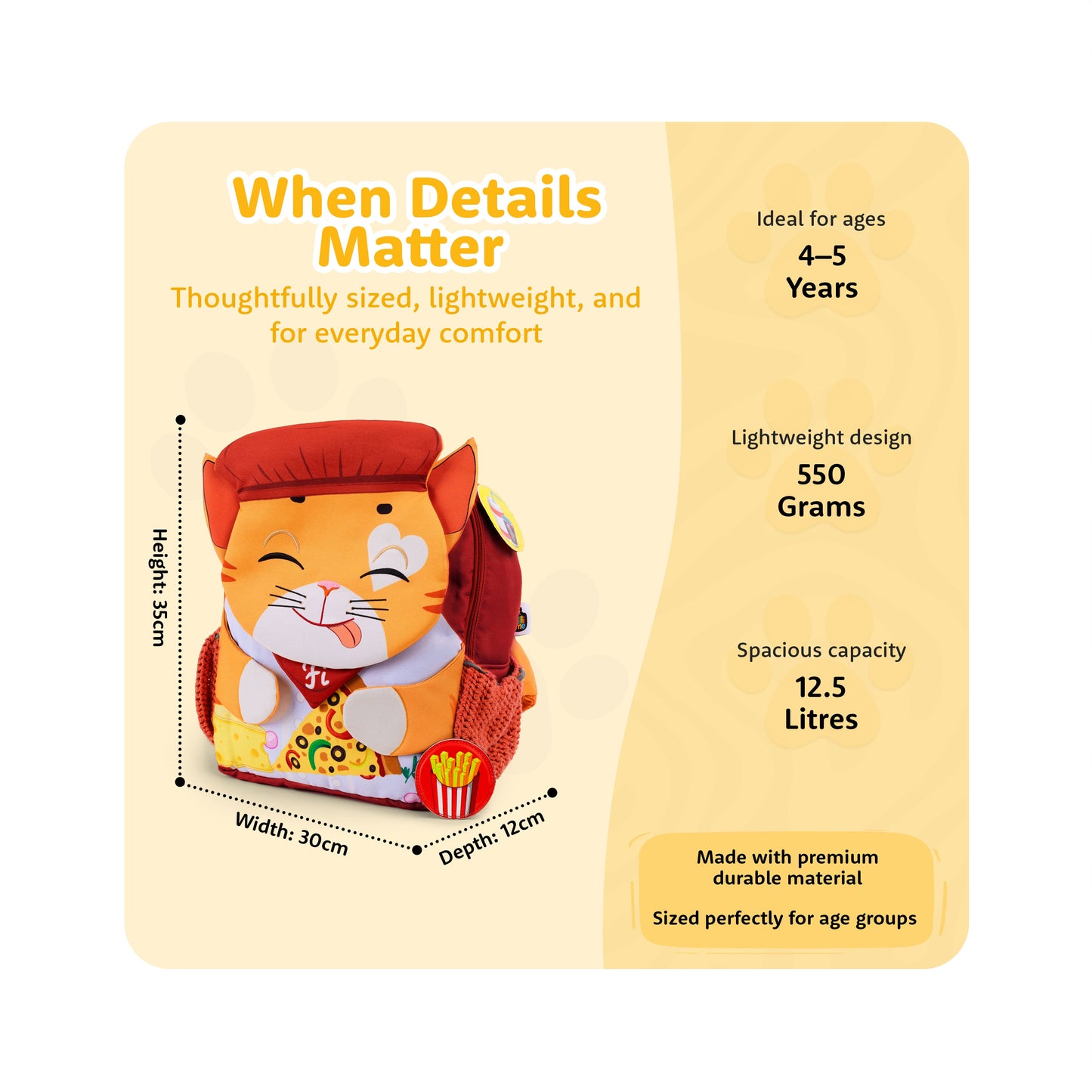 Filli & Me Chef Filli HugBag | 12.5L Kids Backpack for Kindergarten (4-5 Years) | Lightweight School & Travel Bag