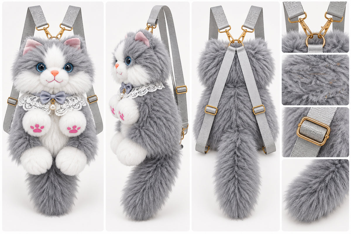 Fluffy Grey & White Cat Backpack & Crossbody Bag | Cute Plush Kitty Daypack with Pink Paw Pads, Lace Collar, Pearl Bowtie & Adjustable Straps for Girls & Women