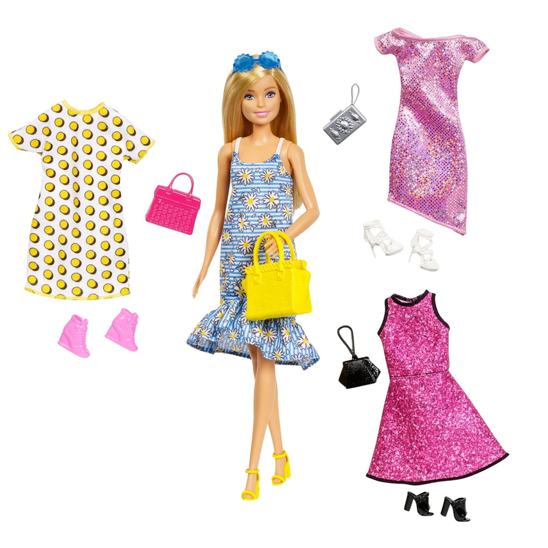 Barbie Doll with Clothes & Accessories | 4 Complete Outfits | Fashion Play Doll for Kids 3–8 Years
