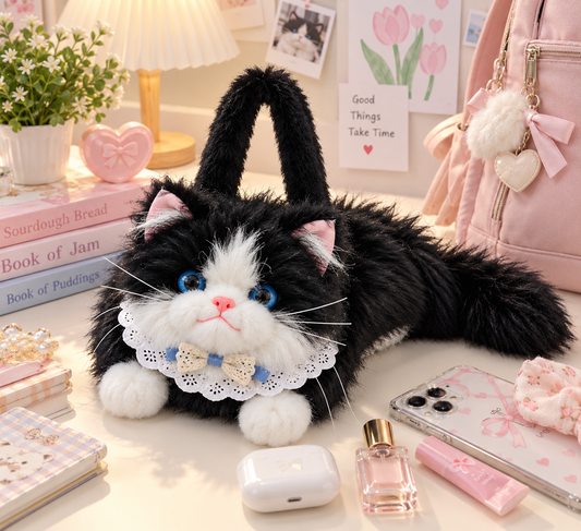 Cute Plush Tuxedo Cat Handbag | Kawaii Fluffy Kitty Bag with Lace Collar & Bowtie for Women & Girls