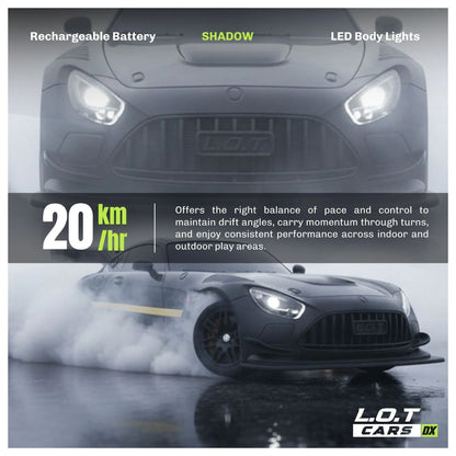 L.O.T Cars Shadow RC Drifter Car 1:20 Scale – 2.4GHz Remote Control 4WD Racing Car with Variable Speed Steering, Dual Speed Mode, LED Lights & 20 KM/H Speed, Black