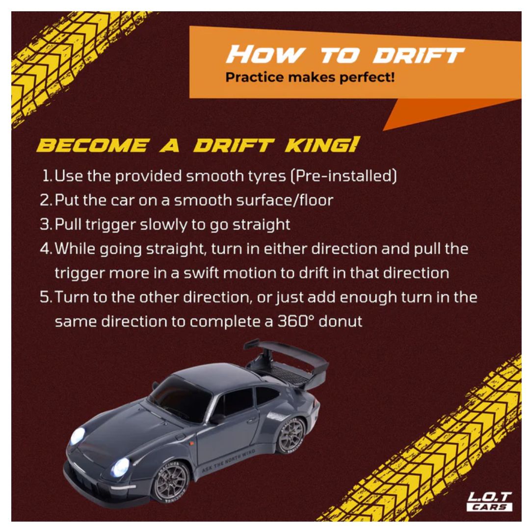 L.O.T Cars Flare 1:24 RC Drift Car – 4WD, 20 KMPH, 2.4GHz Remote, Dual Speed Mode, LED Lights, Variable Speed & Steering – Grey
