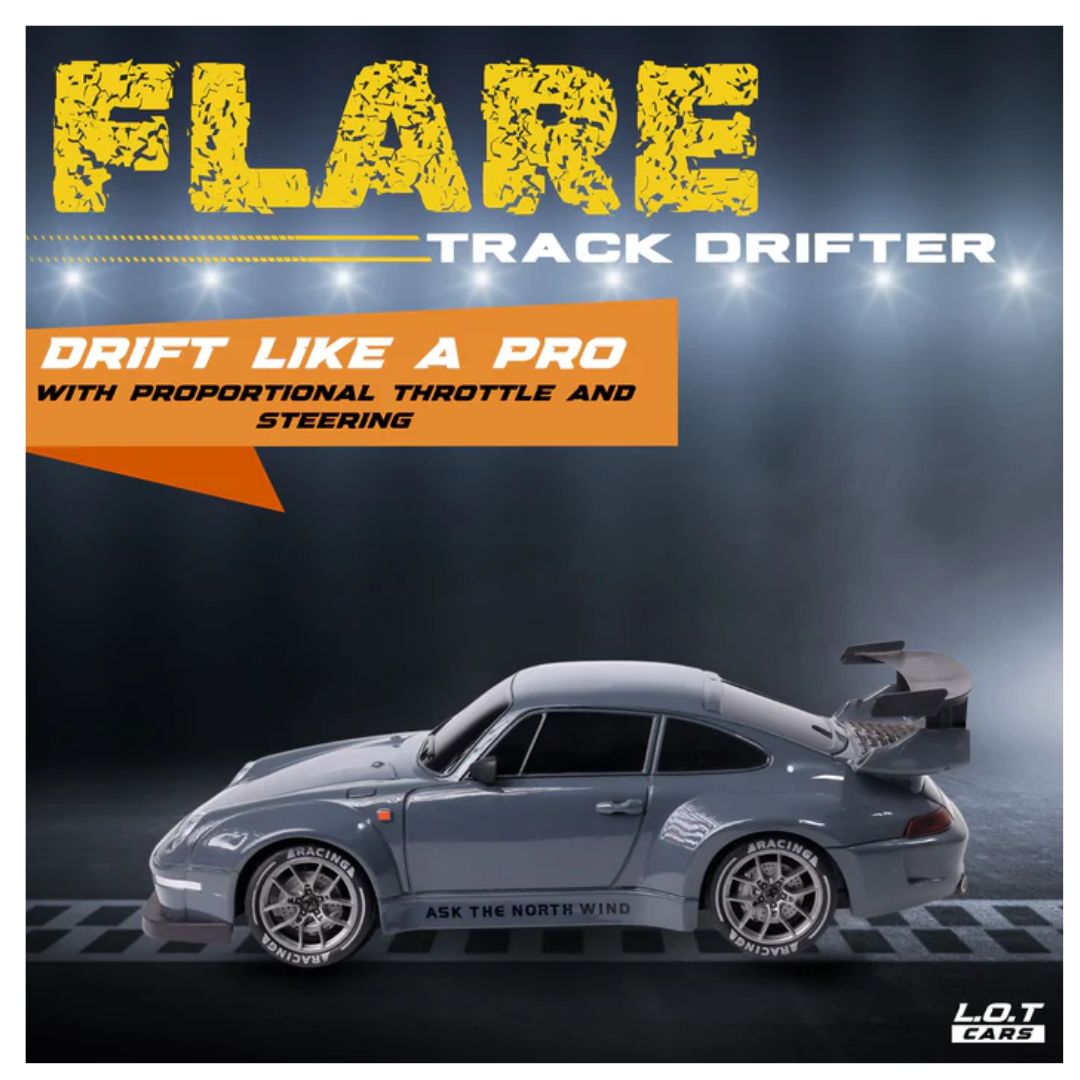 L.O.T Cars Flare 1:24 RC Drift Car – 4WD, 20 KMPH, 2.4GHz Remote, Dual Speed Mode, LED Lights, Variable Speed & Steering – Grey