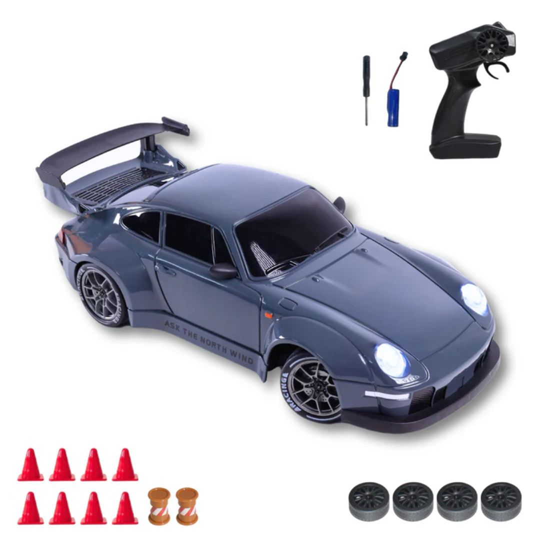 L.O.T Cars Flare 1:24 RC Drift Car – 4WD, 20 KMPH, 2.4GHz Remote, Dual Speed Mode, LED Lights, Variable Speed & Steering – Grey