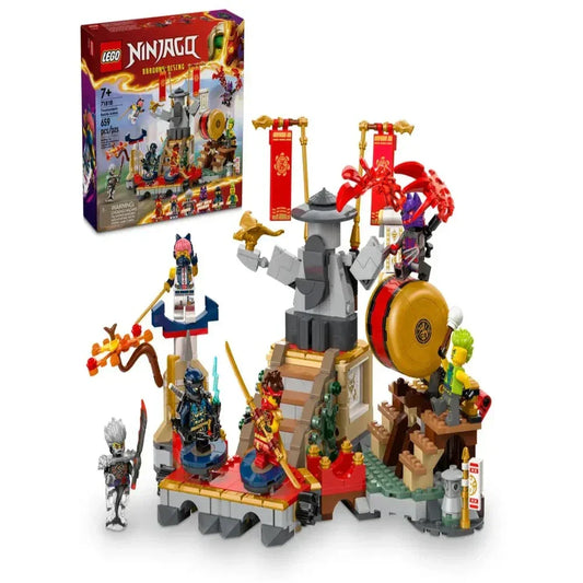 LEGO Ninjago Tournament Battle Arena set with ninja minifigures and colorful battle scene.
