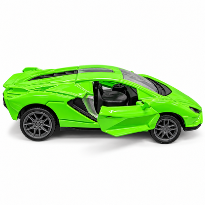Road Burner Metal Racers 1:39 Scale Diecast Sports Car Toy – Green | Pull Back Action, Openable Doors, Metal Body, Racing Car Model for Kids 3+ Years