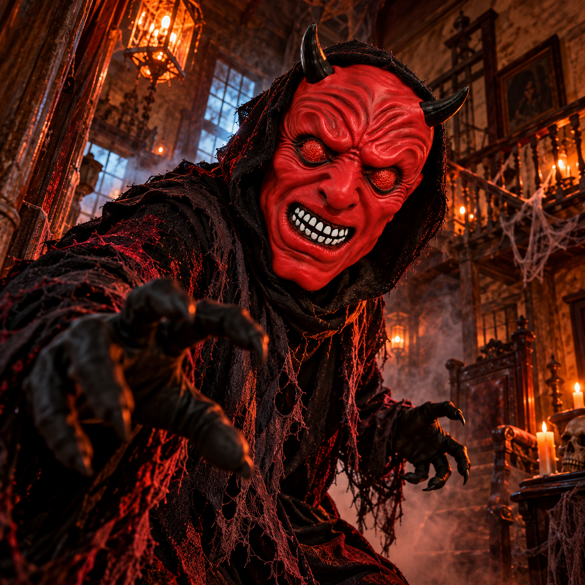 Halloween Scary Red Devil Mask with Black Horns – Horror Demon Costume Mask for Adults