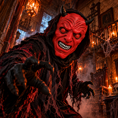 Halloween Scary Red Devil Mask with Black Horns – Horror Demon Costume Mask for Adults