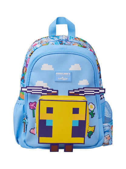Smiggle x Minecraft Junior Character Backpack (Blue) | 14-Inch Kids School Bag with 3D Pixelated Bee Pocket & Minecraft Graphics