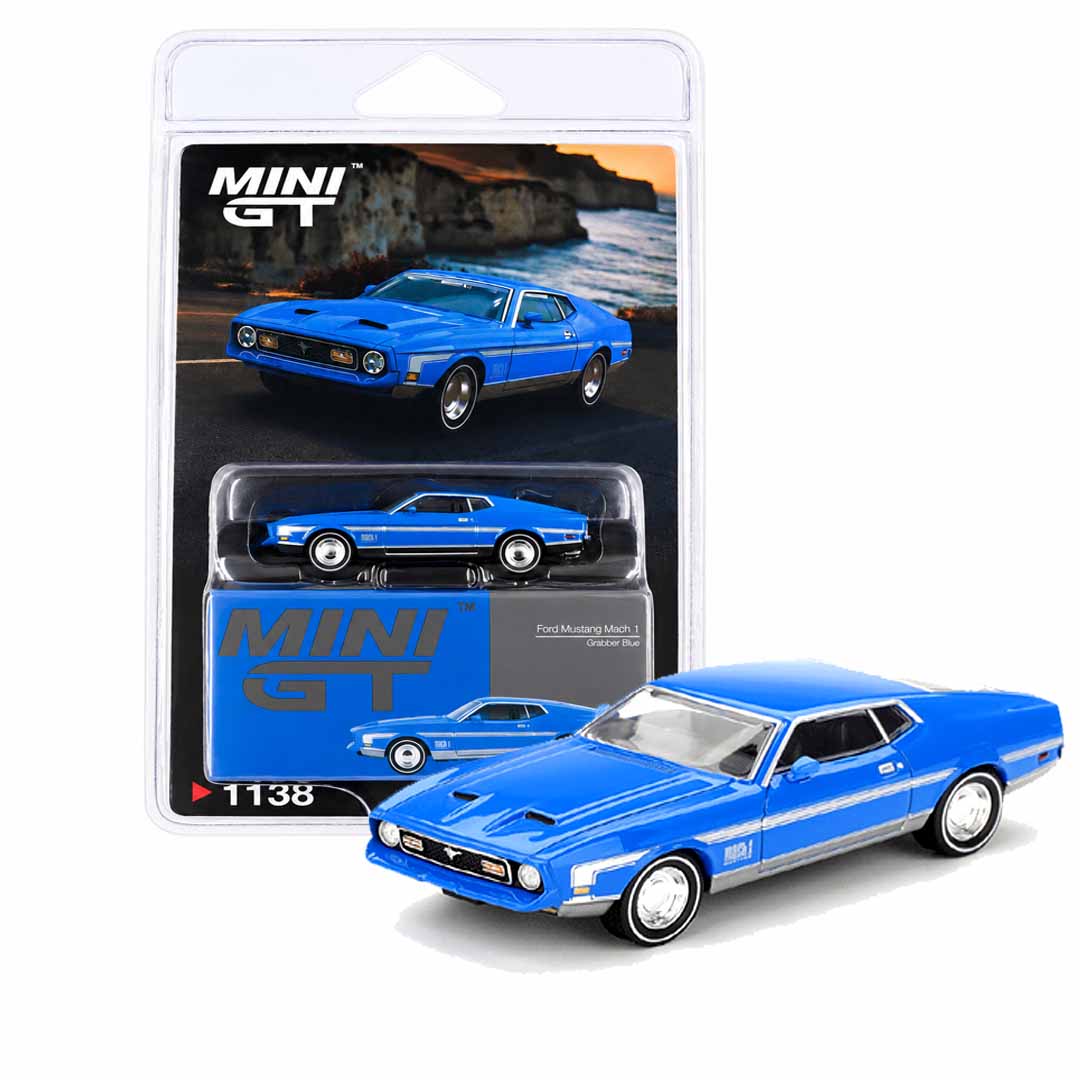 Mini GT 1:64 (Blister Pack) Ford Mustang Mach 1 Grabber Blue Die-Cast Model Car 1138 – Premium Collectible American Muscle Car