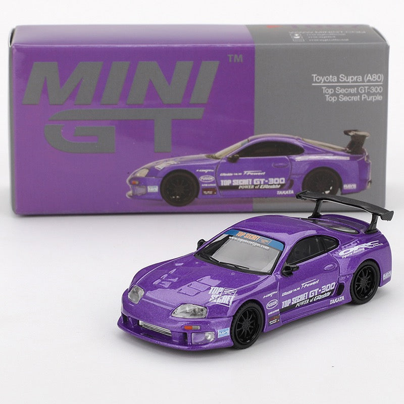 Mini GT 1:64 Toyota Supra A80 Top Secret GT-300 Purple + Lamborghini Murcielago GT Evo Black – Set of 2 Diecast Cars