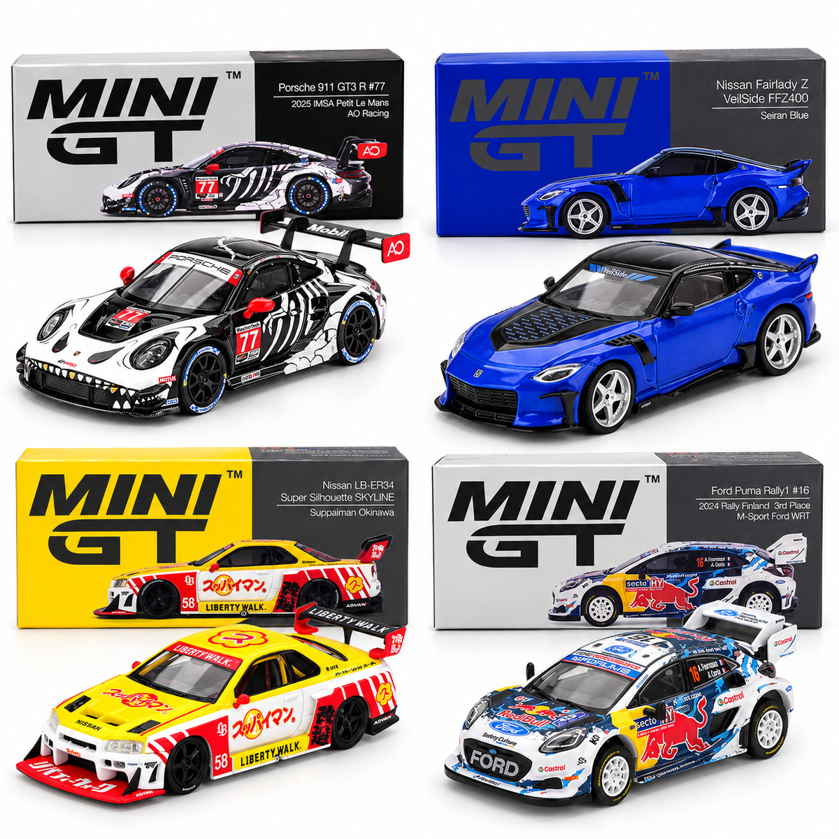 MINI GT 1:64 Diecast 4-Car Collector Set – Porsche 911 GT3 R #77, Nissan VeilSide Z, Liberty Walk Skyline #58 & Ford Puma Rally1 #16