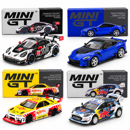 MINI GT 1:64 Diecast 4-Car Collector Set – Porsche 911 GT3 R #77, Nissan VeilSide Z, Liberty Walk Skyline #58 & Ford Puma Rally1 #16