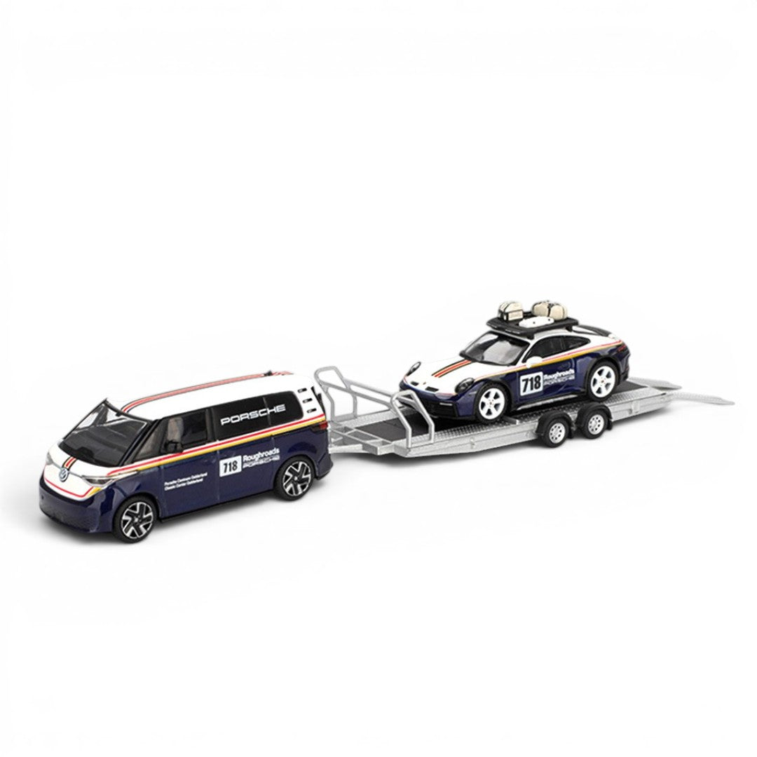 MINI GT 1:64 Volkswagen ID. Buzz with Trailer & Porsche 911 Dakar #718 | Porsche Centrum Gelderland Roughroads | Collector Box | BGX