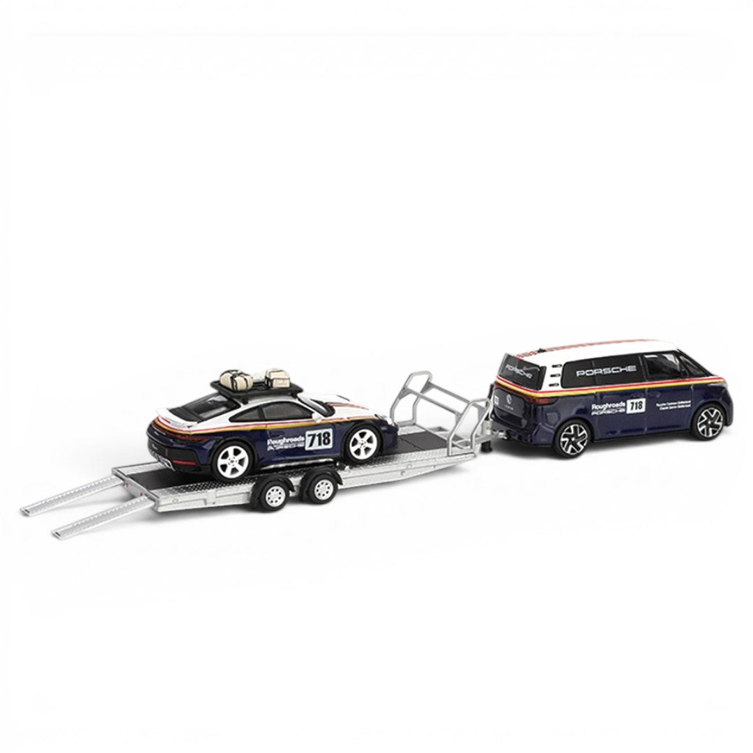 MINI GT 1:64 Volkswagen ID. Buzz with Trailer & Porsche 911 Dakar #718 | Porsche Centrum Gelderland Roughroads | Collector Box | BGX