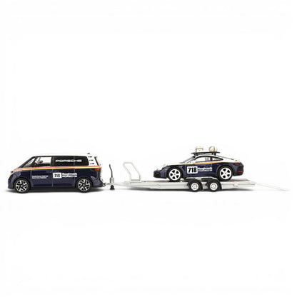 MINI GT 1:64 Volkswagen ID. Buzz with Trailer & Porsche 911 Dakar #718 | Porsche Centrum Gelderland Roughroads | Collector Box | BGX