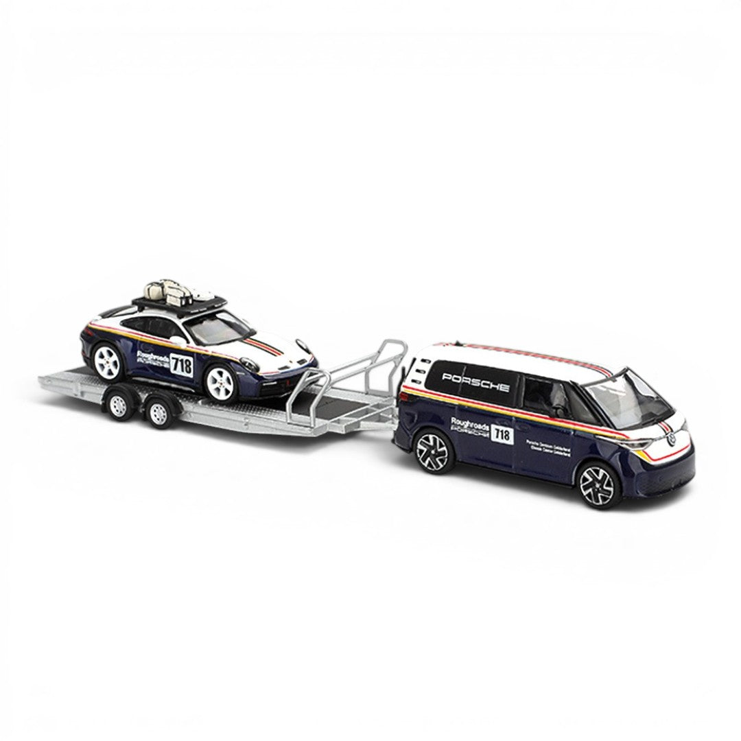 MINI GT 1:64 Volkswagen ID. Buzz with Trailer & Porsche 911 Dakar #718 | Porsche Centrum Gelderland Roughroads | Collector Box | BGX