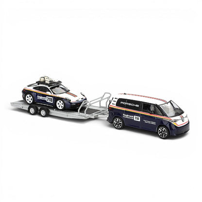 MINI GT 1:64 Volkswagen ID. Buzz with Trailer & Porsche 911 Dakar #718 | Porsche Centrum Gelderland Roughroads | Collector Box | BGX
