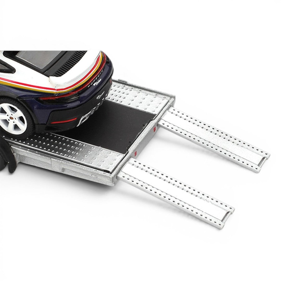 MINI GT 1:64 Volkswagen ID. Buzz with Trailer & Porsche 911 Dakar #718 | Porsche Centrum Gelderland Roughroads | Collector Box | BGX
