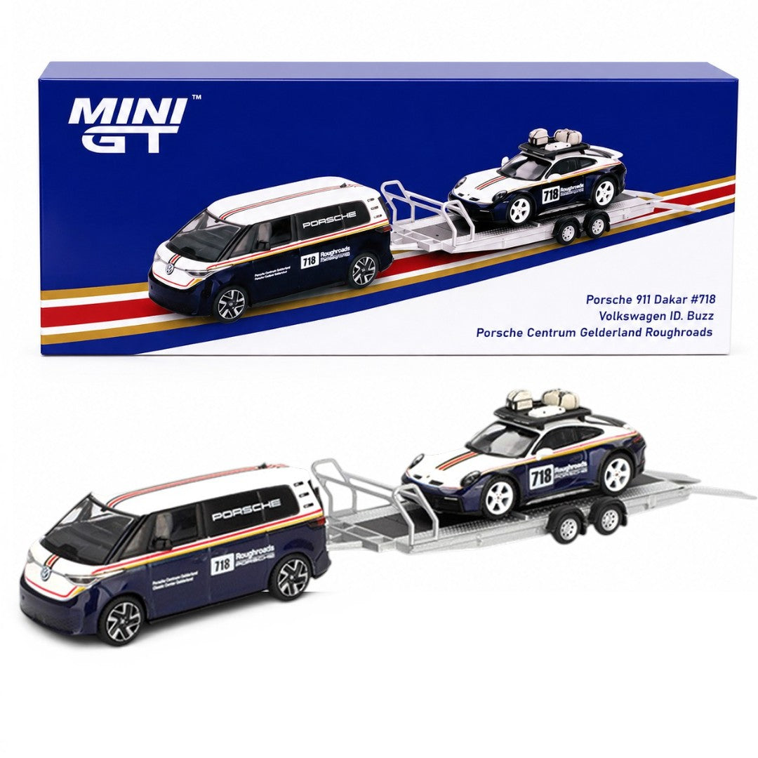 MINI GT 1:64 Volkswagen ID. Buzz with Trailer & Porsche 911 Dakar #718 | Porsche Centrum Gelderland Roughroads | Collector Box | BGX