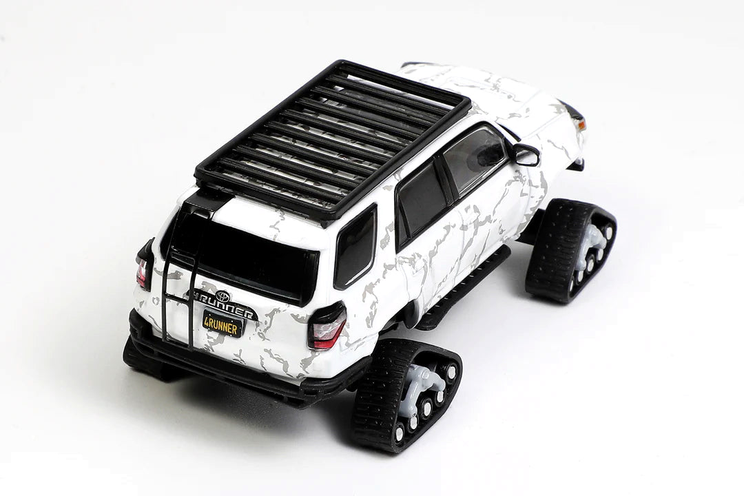 GCD 1:64 Toyota 4Runner Widebody Pre-Runner Arctic White Diecast Model Car with Snow Tracks & Roof Rack